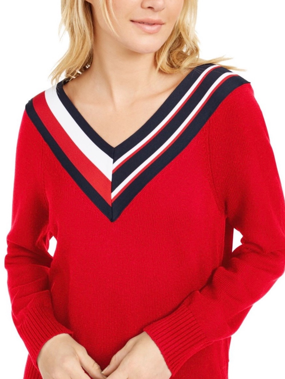 Tommy Hilfiger Red V-Neck Stripe Trim Women's Sweater